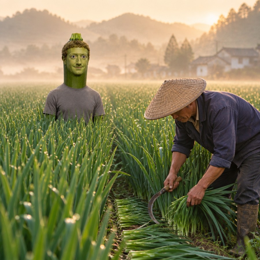 The zucchini hiding in a field of leeks while a farmer harvests nearby